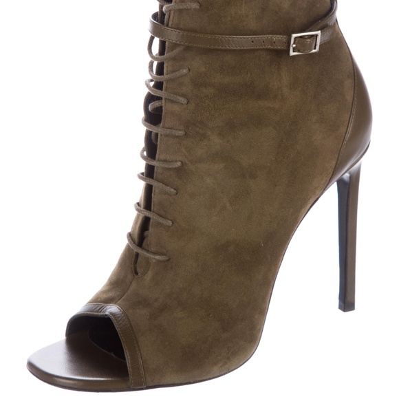 Saint Laurent Lace Up Peep Toe Ankle Booties, Olive Green - Picture 2 of 6